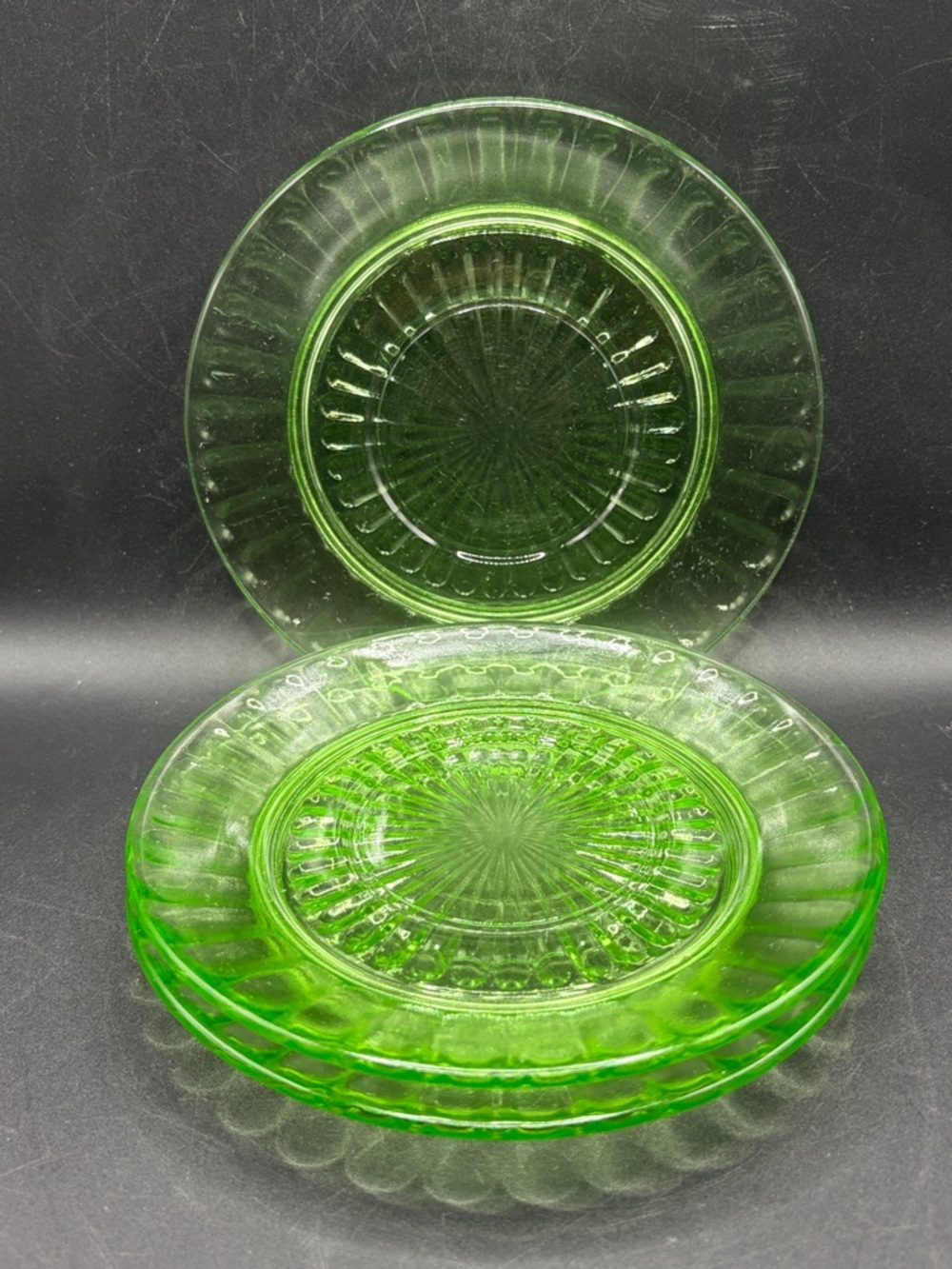 3 Vintage Uranium Depression Glass Ribbed Optic Design Dishes Kitchenware Plates